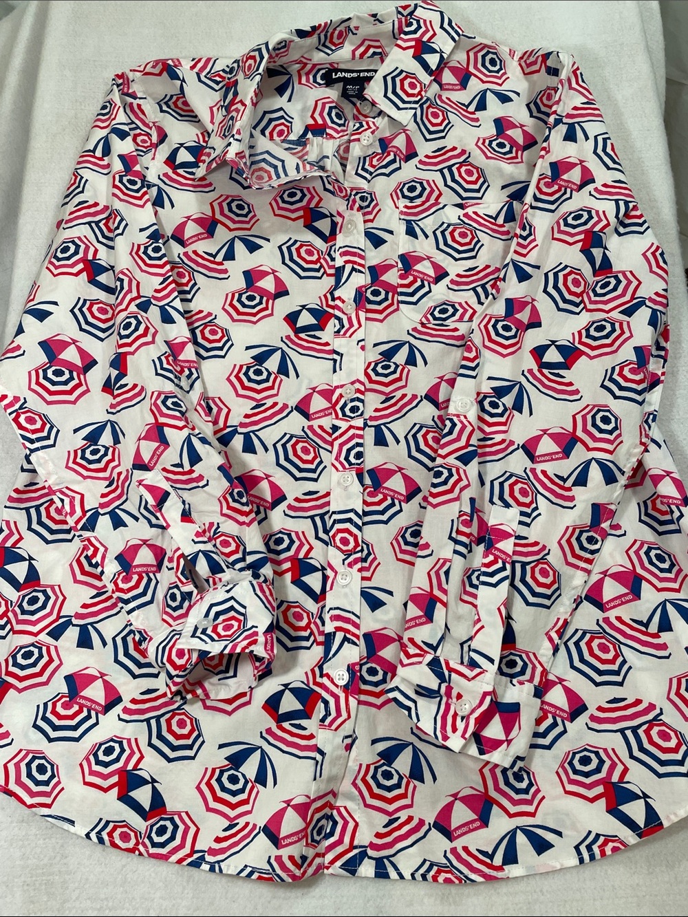 Lands' End 100% Cotton White Button-Up Shirt with Pink & Navy Umbrella Print